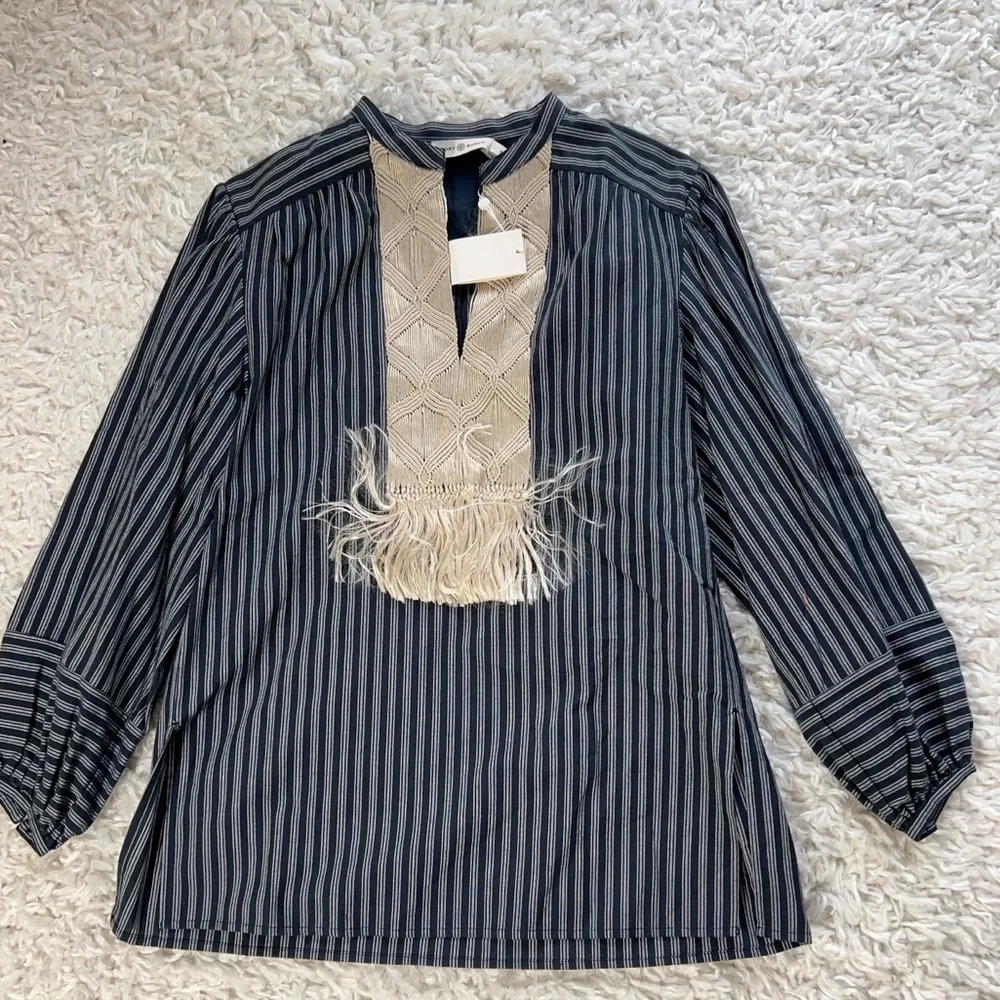 NWT $598 Tory Burch Macrame Striped Blouse Tunic Top